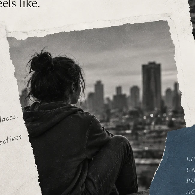 Young person overlooking a city