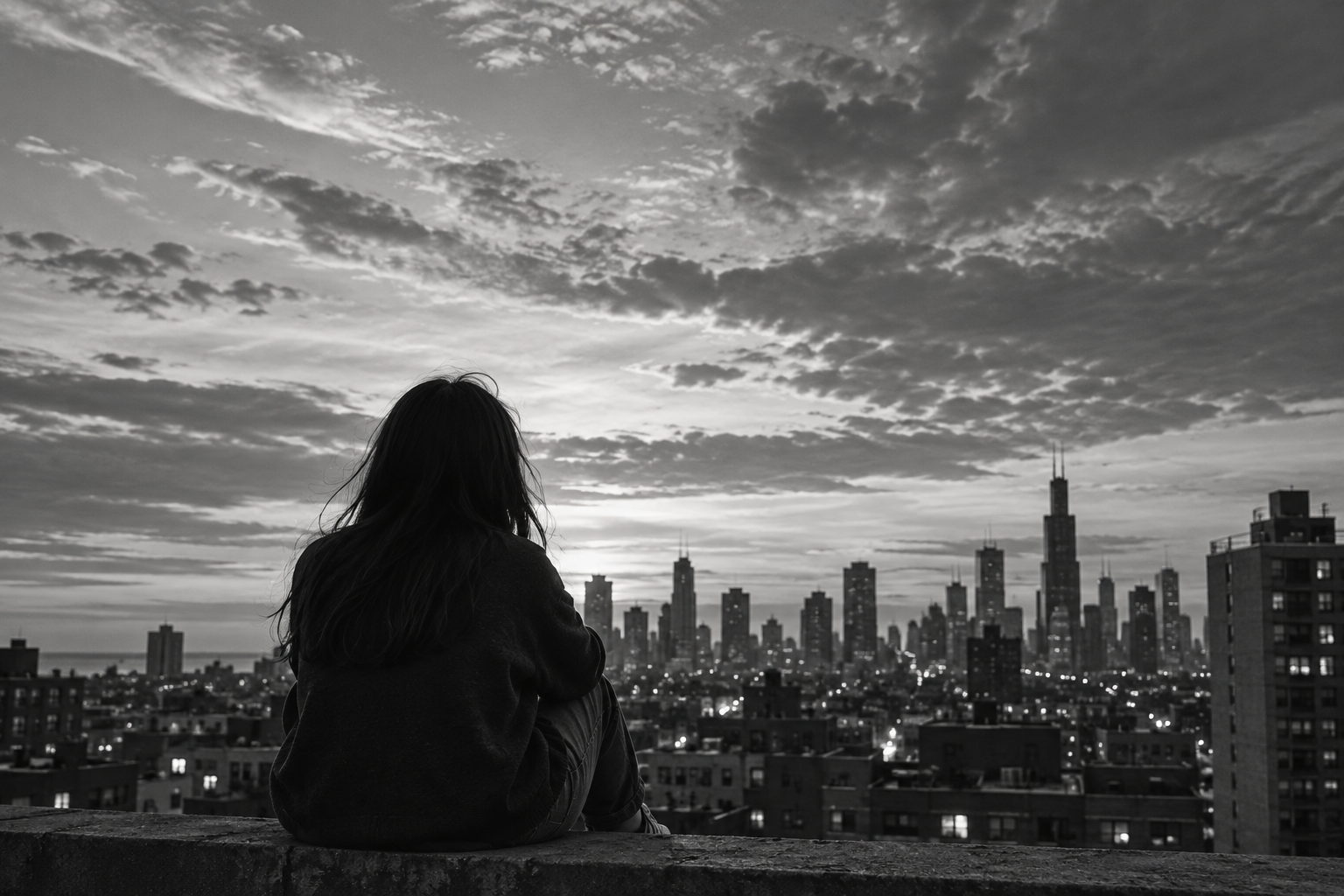 Young person looking over a city skyline at dusk